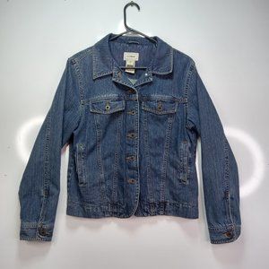 LL Bean Women’s Lined Blue Denim Jean Jacket W/ Purple Corduroy Lined Cuffs Sz M
